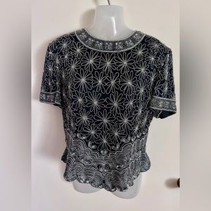 PAPELL Boutique Beaded Womens Top Size L Black Silver Flowers